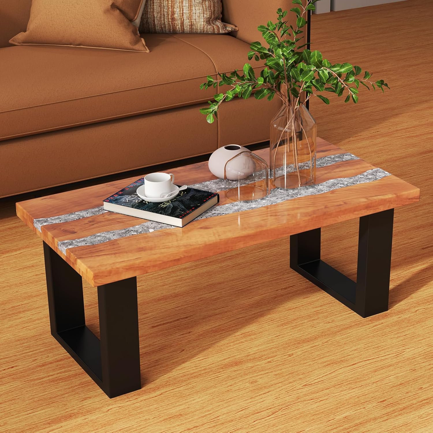 Giantex Teak Outdoor Coffee Table, Rectangular Resin Side Table with River Feel Epoxy Tabletop, Indoor Outdoor Solid Wood Center Table, Patio Table for Living Room, Poolside, Backyard