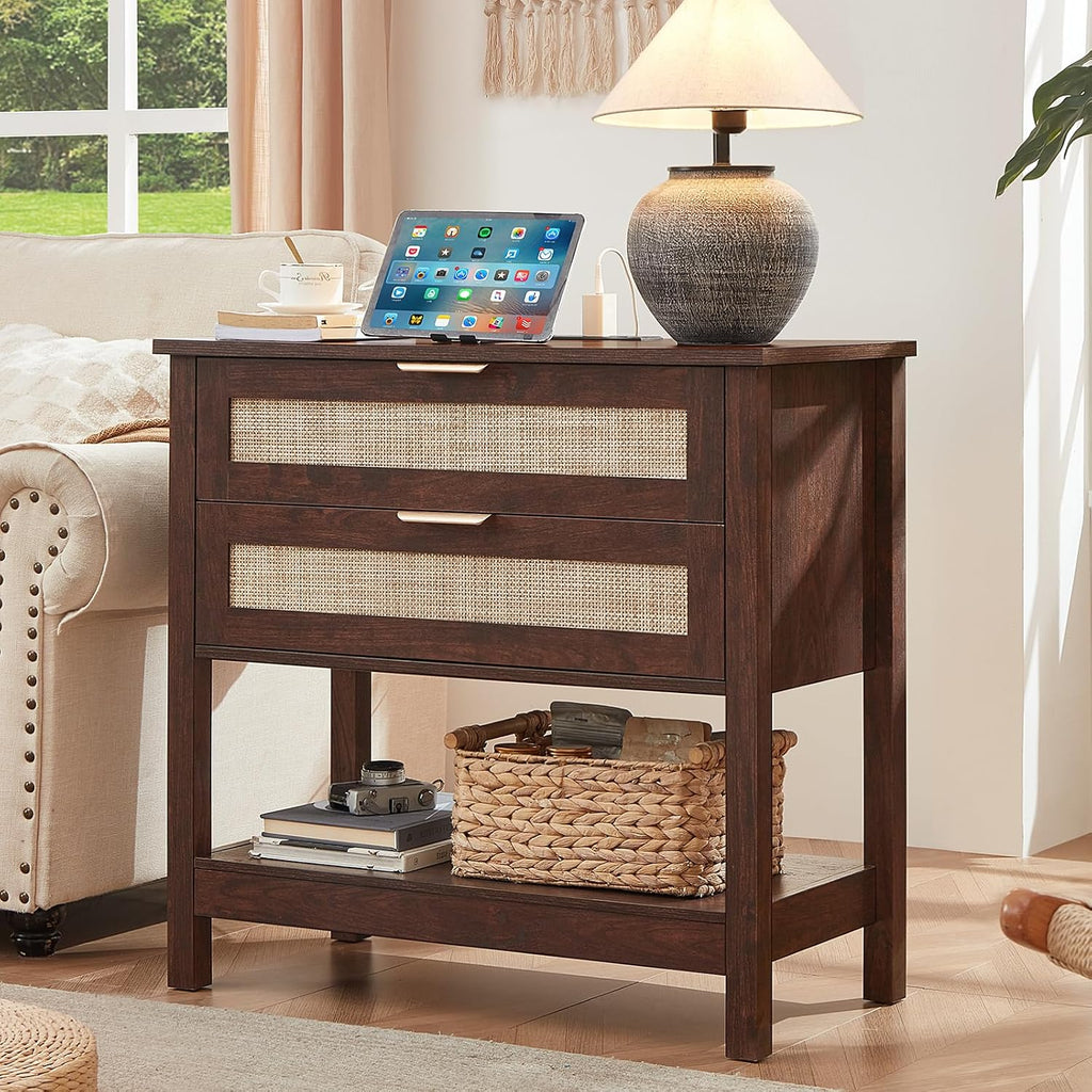 LEYAOYAO 31.5' Wide Rattan Night Stand, Large Boho Nightstand, Bedside Table with Storage, Tall Bed Side End Tables, Chest of Drawers for Bedroom, Living Room, Hallway（Walnut,2 Drawers with Charger,2）