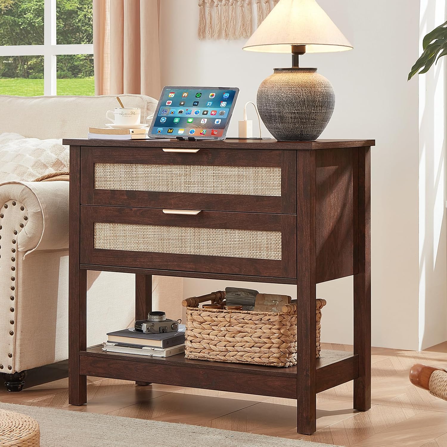 LEYAOYAO 31.5' Wide Rattan Night Stand, Large Boho Nightstand, Bedside Table with Storage, Tall Bed Side End Tables, Chest of Drawers for Bedroom, Living Room, Hallway（Walnut,2 Drawers with Charger,2）