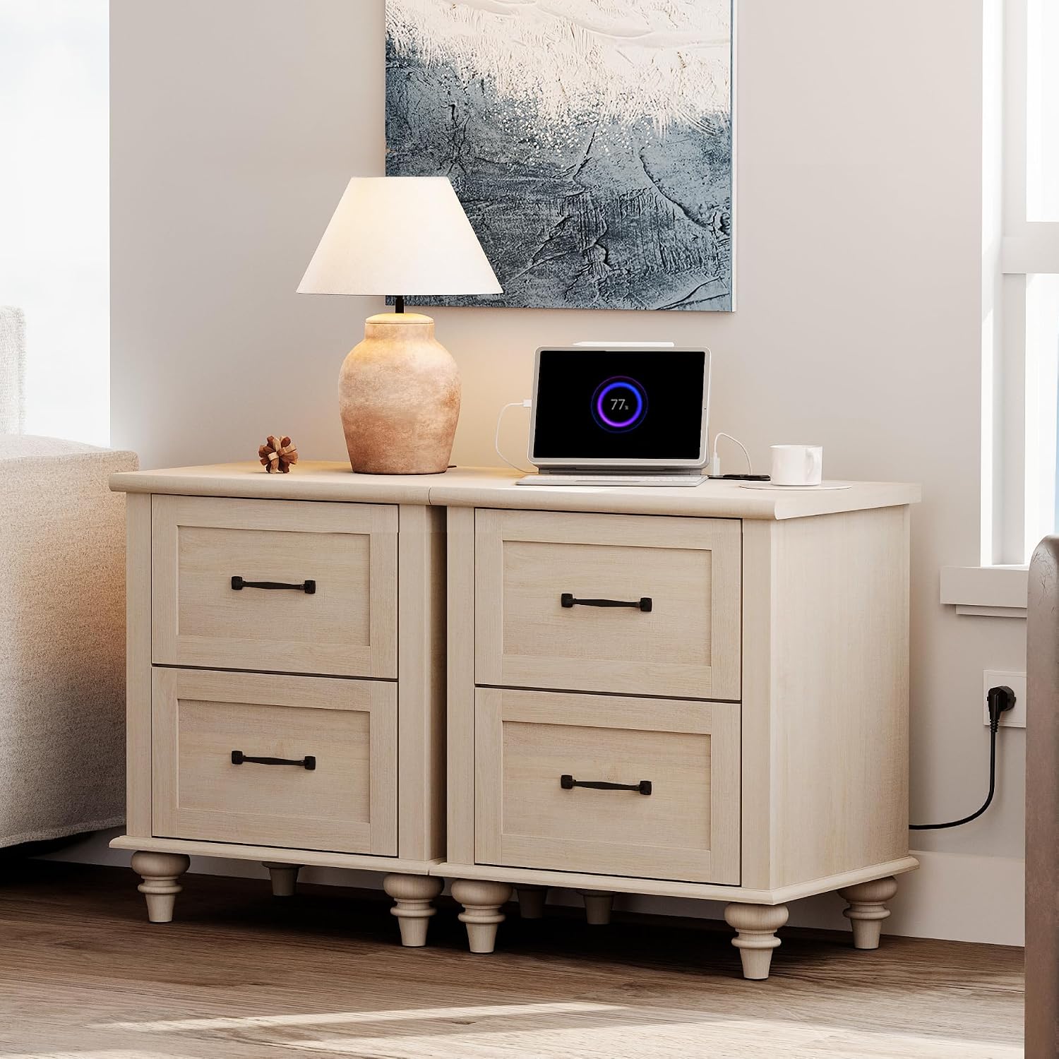 WAMPAT Set of 2 Nightstands Side Table with Charging Station, Beige End Tables with 2 Drawers for Living Room, Elegant Night Stand Bedside Table for Bedroom, Dorm