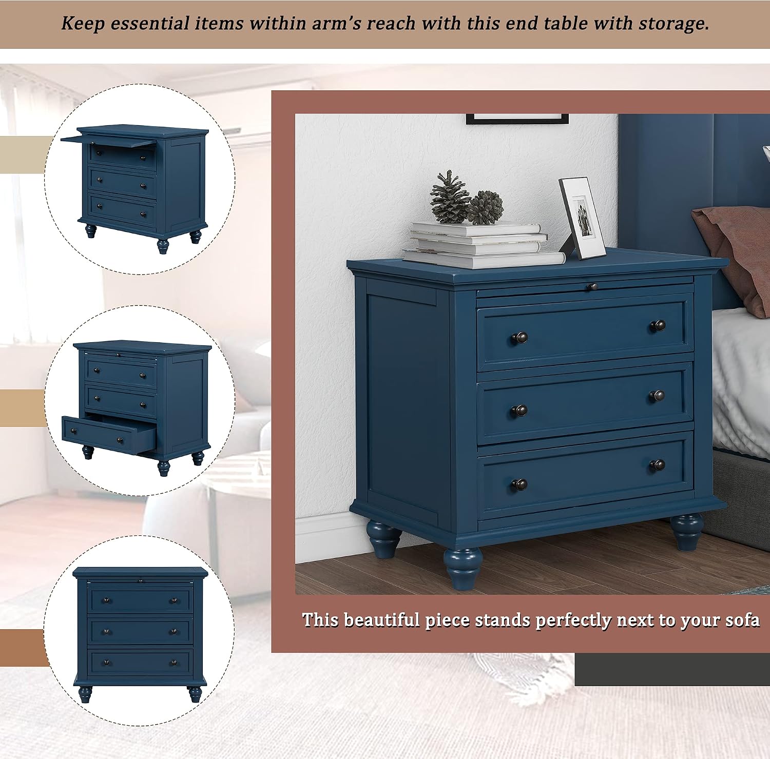 Farmhouse Wood Nightstand with 3 Storage Drawers, Bedside Table End Table with Pull Out Tray, Modern Wooden Side Table Dresser for Bedroom Hallway Living Room (Blue)