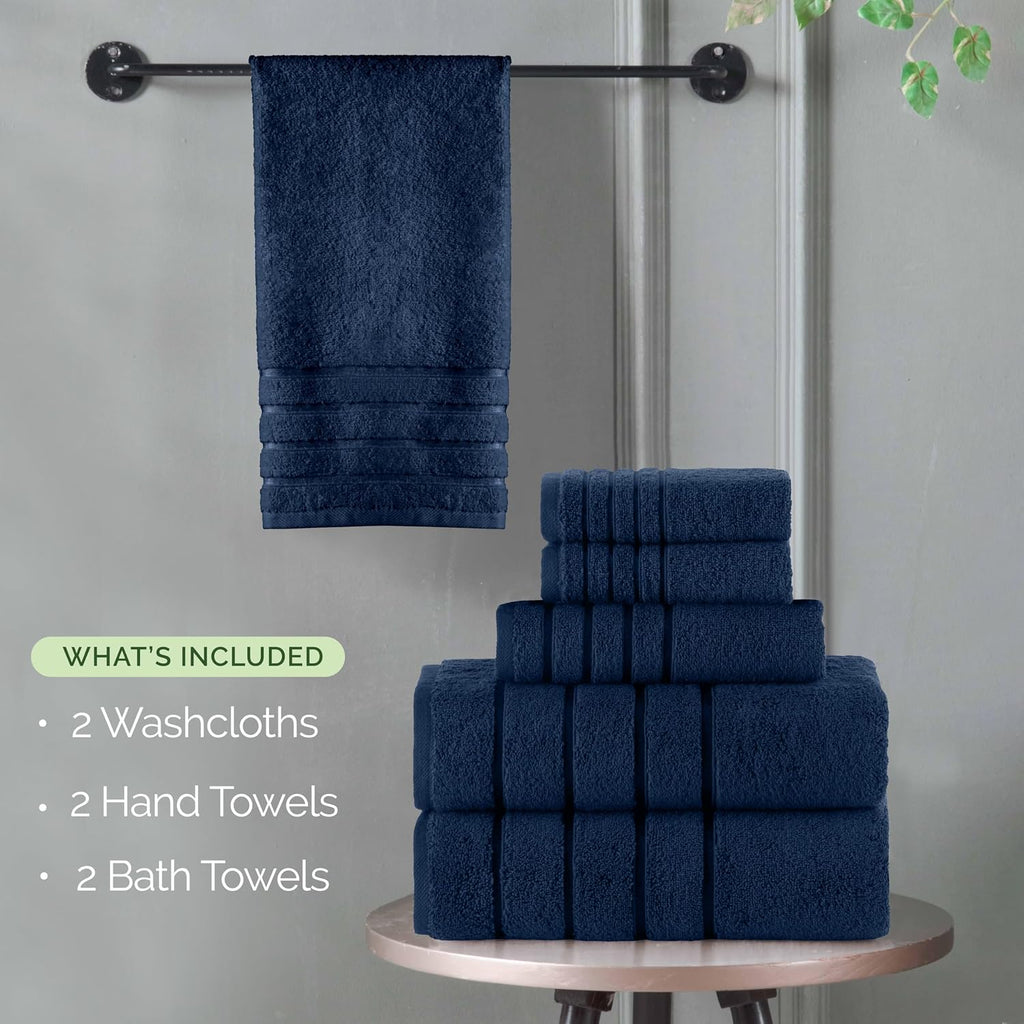 Elegant Comfort 4 Lines Viscose Stripe 6-Piece Towel Set 100% Turkish Cotton High Absorbent Luxury Bathroom Towels Includes 2 Washcloths, 2 Hand and 2 Bath Towels Set, Navy Blue (Pack of 4)