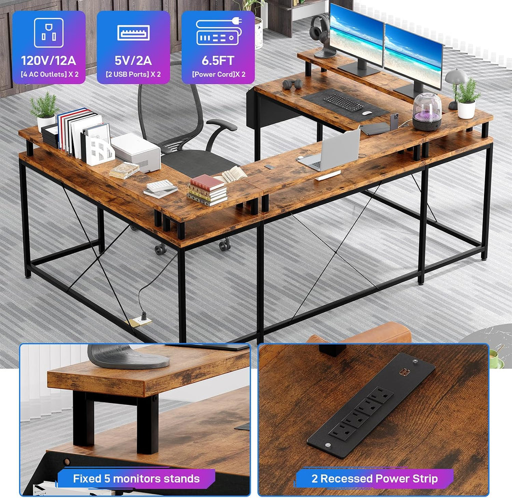 Jojoka U Shaped Computer Gaming Desk, Reversible L Shaped Desk with Power Outlets, LED Strip & Monitor Stand, Large Corner Desk with Storage Shelves for Home Office, Rustic Brown