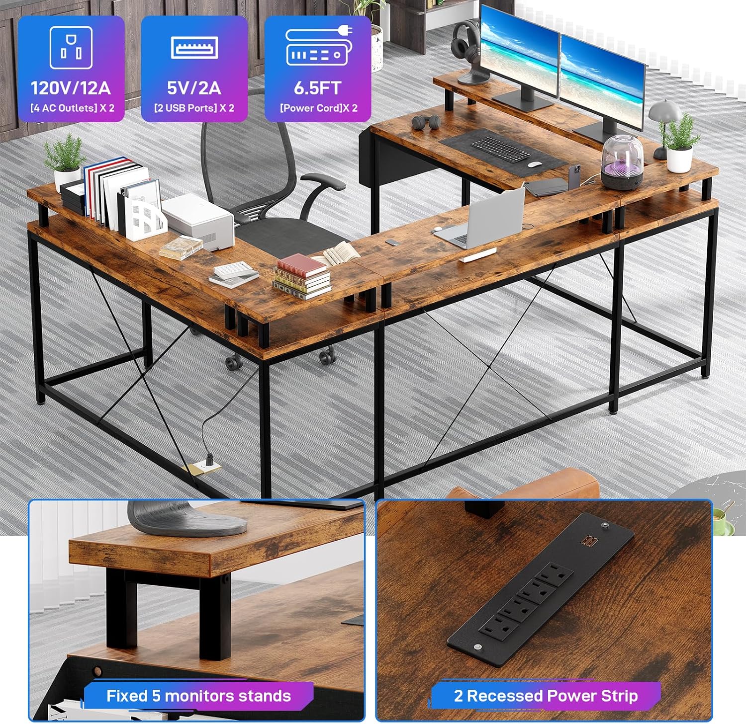 Jojoka U Shaped Computer Gaming Desk, Reversible L Shaped Desk with Power Outlets, LED Strip & Monitor Stand, Large Corner Desk with Storage Shelves for Home Office, Rustic Brown
