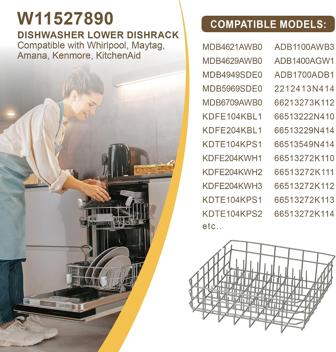 W11527890 Dishwasher Lower Dishrack Compatible with Whirlpool Kenmore Kitchen Aid Maytag replace 8519566 W10199774 W10525641 W10525642 W10525643 WPW10525642 WPW10525643