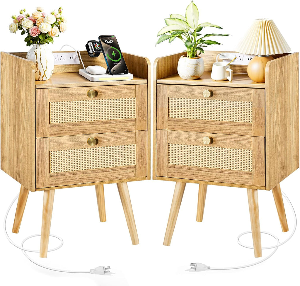 Nightstands Set of 2 with Charging Station, Modern Boho Rattan Bedside Tables with 2 Drawers, Solid Wood Legs, Open Storage End Tables for Bedroom Living Room Dorm – Natural