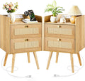 Nightstands Set of 2 with Charging Station, Modern Boho Rattan Bedside Tables with 2 Drawers, Solid Wood Legs, Open Storage End Tables for Bedroom Living Room Dorm – Natural