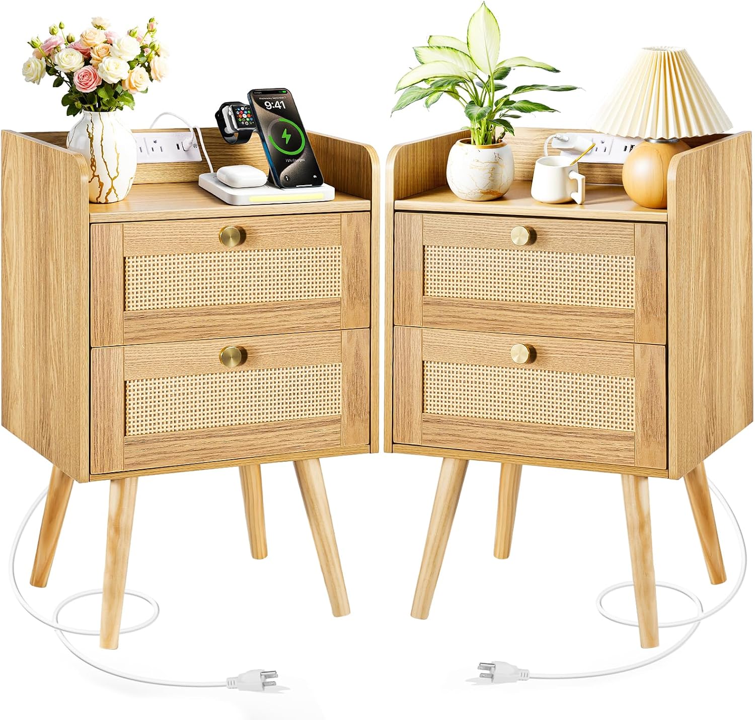 Nightstands Set of 2 with Charging Station, Modern Boho Rattan Bedside Tables with 2 Drawers, Solid Wood Legs, Open Storage End Tables for Bedroom Living Room Dorm – Natural