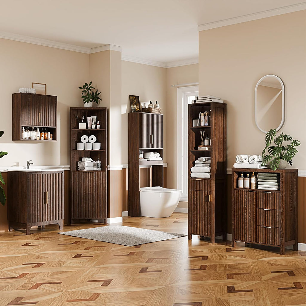 VINGLI Tall Corner Cabinet with Fluted Doors, 68' Walnut Corner Storage Cabinet with Adjustable Shelves, Freestanding Wood Corner Bookshelf for Bathroom, Living Room & Kitchen, Space-Saving