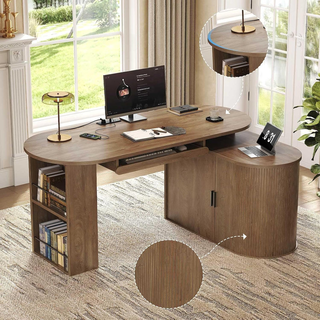 HSH L Shaped Computer Desk with Storage Cabinet, Reversible Office L Desk with Keyboard Tray and Open Shelves, Home Office Corner Executive Desk with Power Outlet, Annual Ring Wood, 60 Inch