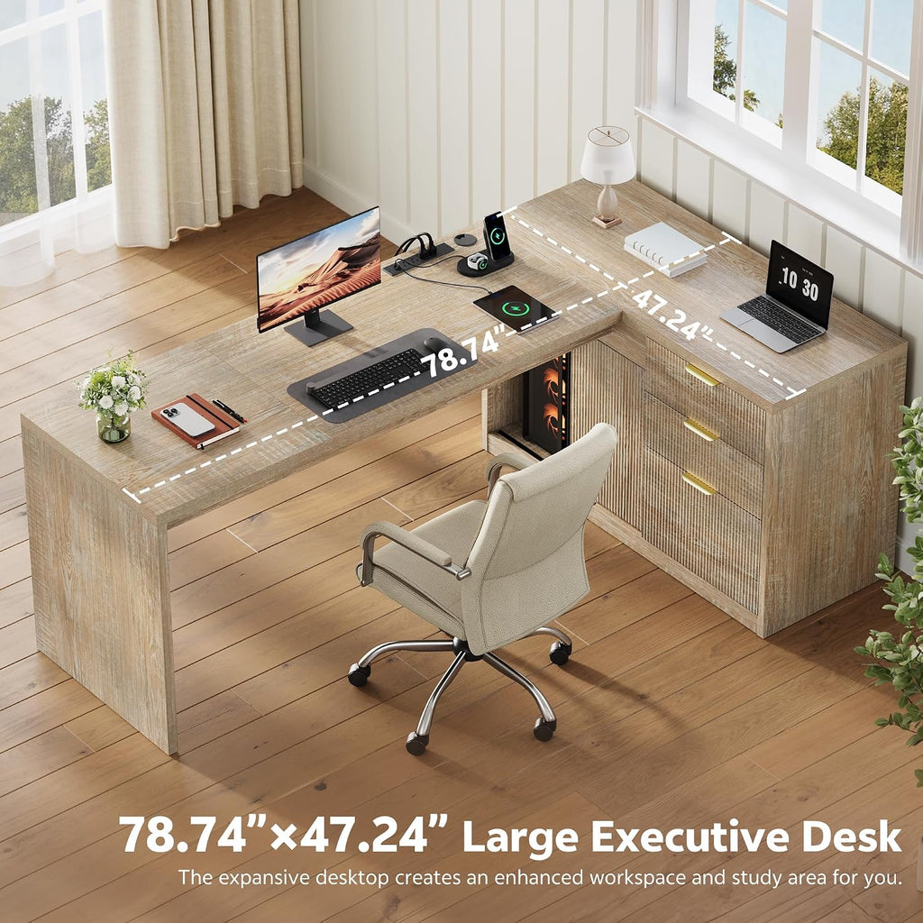 78 Inch L Shaped Office Desk with Drawers Fluted L Shape Computer Desk Executive Office Desk with File Cabinet Storage Shelves and Power Outlets Sturdy Writing Workstation Natural Oak
