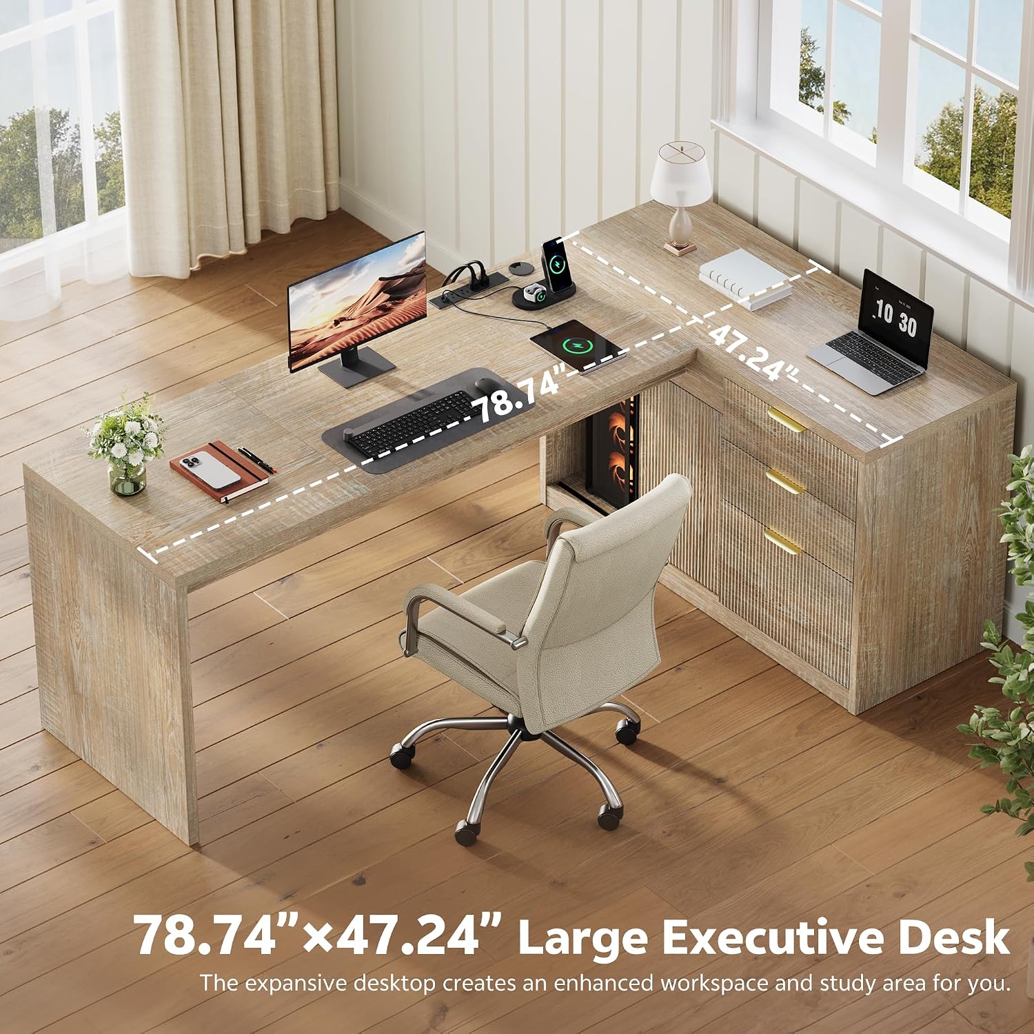 78 Inch L Shaped Office Desk with Drawers Fluted L Shape Computer Desk Executive Office Desk with File Cabinet Storage Shelves and Power Outlets Sturdy Writing Workstation Natural Oak