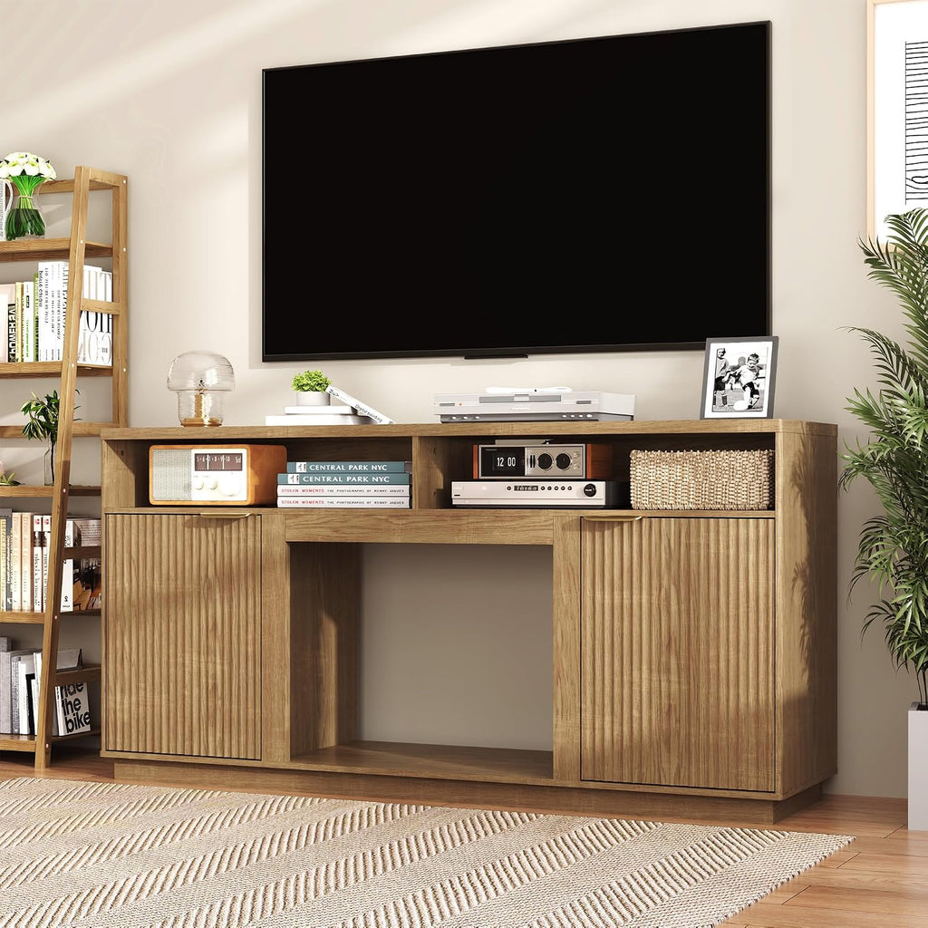 2-Piece Fluted Living Room Set Includes 31.5' Fluted Lift Top Coffee Table,59' Fluted TV Stand for TVs Up to 70 inches,Modern TV Stand and Coffee Table Set,Natural Oak