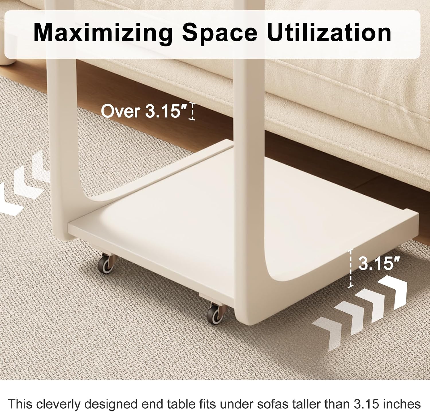 AQIMUELE Wooden C-Shaped End Table,Couch Table with Adjustable Desktop,Small Rolling Side Table with 2 Lockable Wheels 23.6' Width,Small End Table for Couch, Living Room,Bedroom (White)
