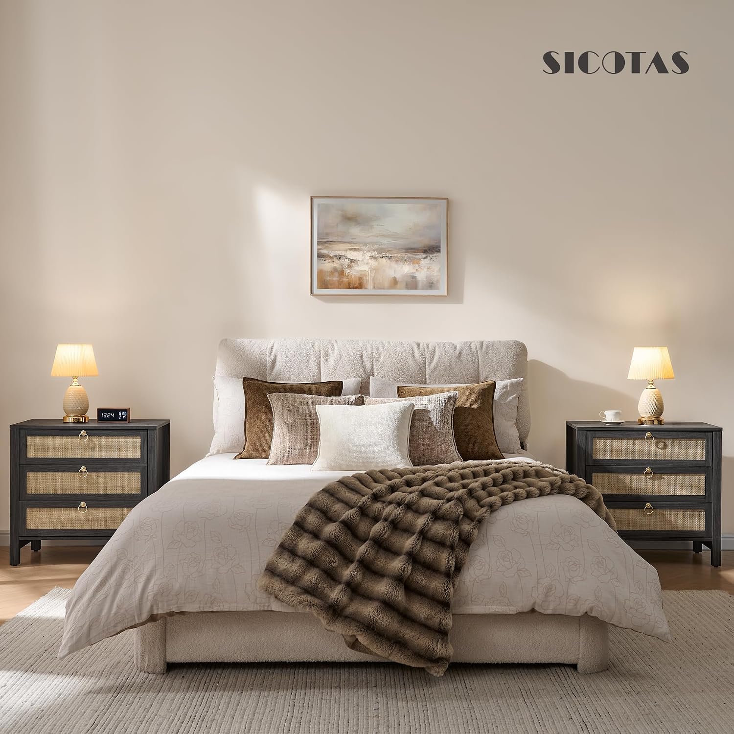 SICOTAS Night Stand with Drawers, Large Rattan Bedside Table with Golden Handle, 3 Drawers Nightstand Tall End Table Side Table Boho Nightstand for Bedroom