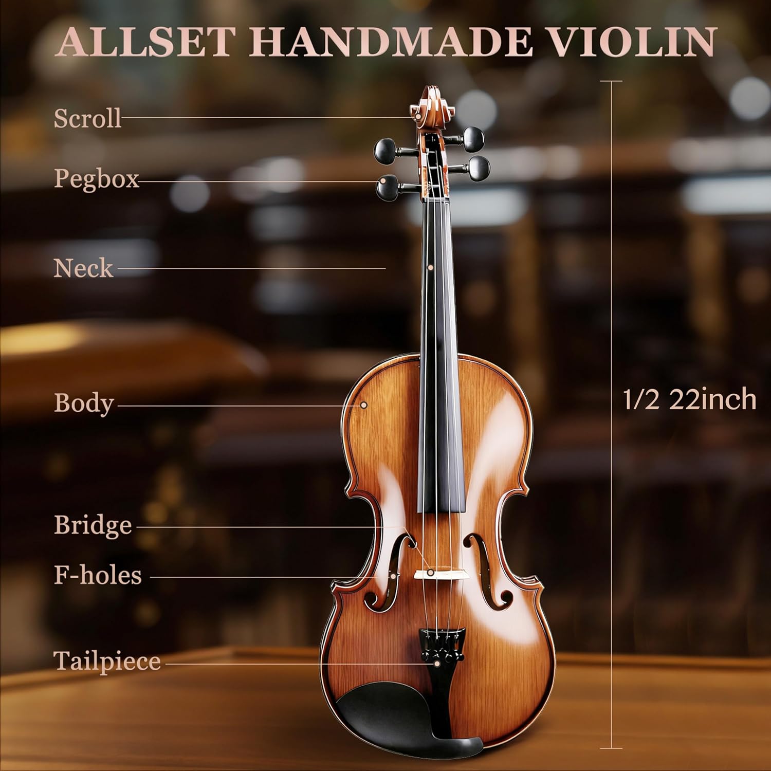 ALLSET 1/2 Full Size Acoustic Violin Kit for Beginners | Polywood Handmade Violin with Hard Case, Bow, Rosin, Shoulder Rest, Tuner & Extra Strings | Violin for adults | Glossy Brown