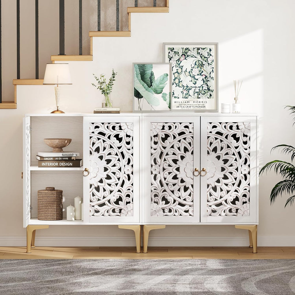 JOINICE Accent Cabinet with Doors, Set of 2, Sideboard Buffet Cabinet with Storage, 31.5' W Buffet Table with Gold Legs and Adjustable Shelf for Living Room, Kitchen, Hallway, White