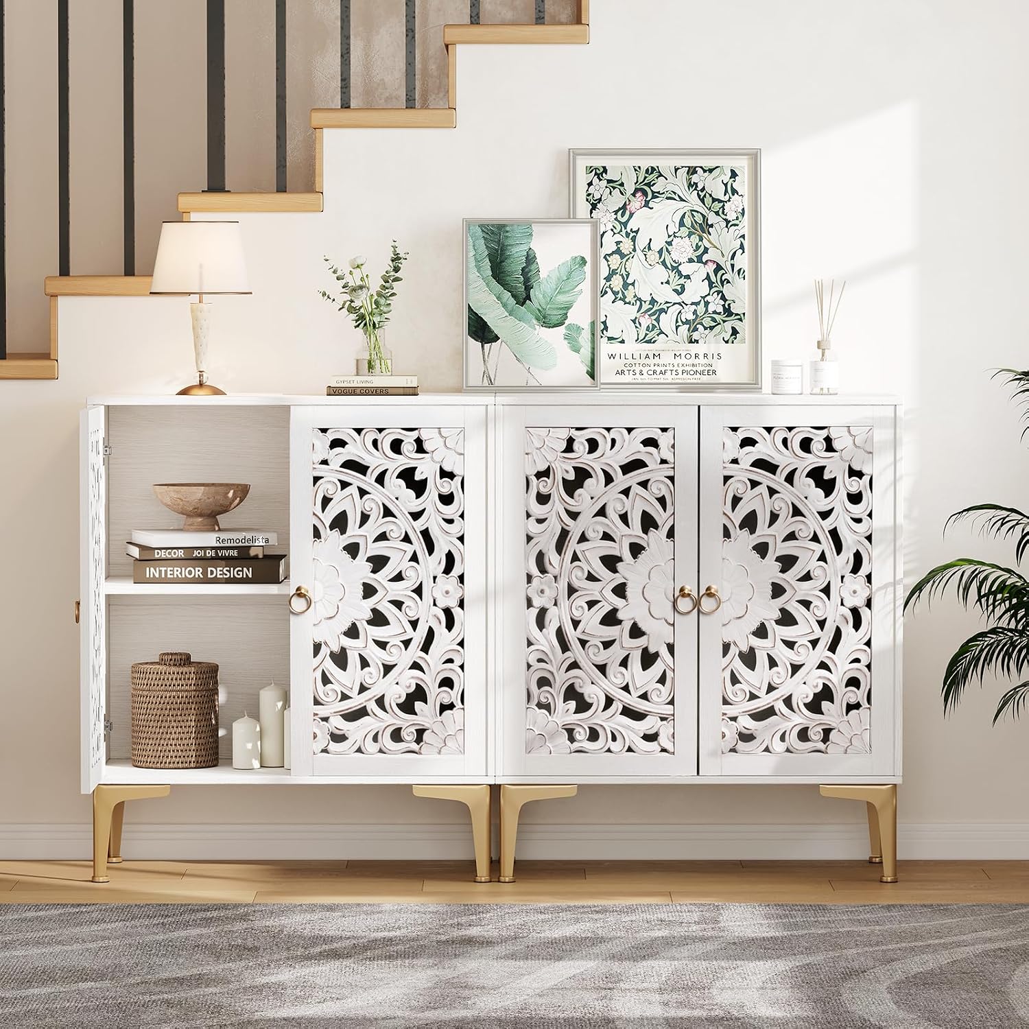 JOINICE Accent Cabinet with Doors, Set of 2, Sideboard Buffet Cabinet with Storage, 31.5' W Buffet Table with Gold Legs and Adjustable Shelf for Living Room, Kitchen, Hallway, White