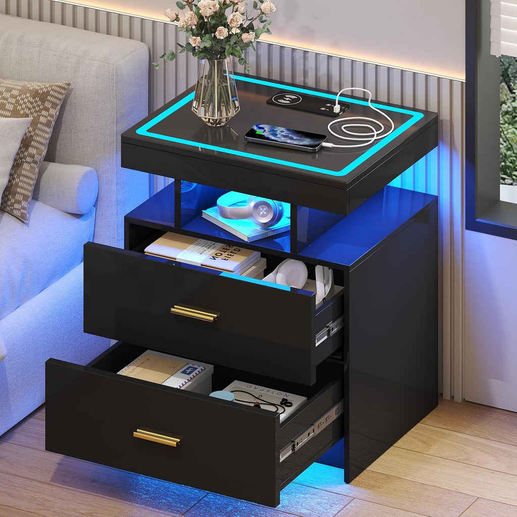 LED Nightstand with Wireless Charging Station,Black Night Stand with 2 Drawers,Glass Top Smart Bedside Table,Modern End Table Side for Bedroom,Living Room,Office