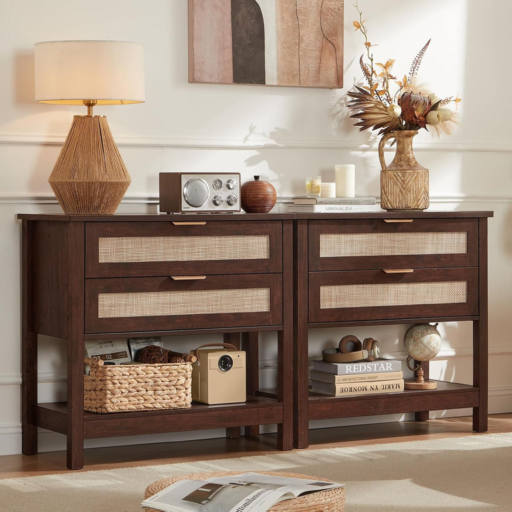 LEYAOYAO 31.5' Wide Rattan Night Stand, Large Boho Nightstand, Bedside Table with Storage, Tall Bed Side End Tables, Chest of Drawers for Bedroom, Living Room, Hallway（Walnut,2 Drawers,2）