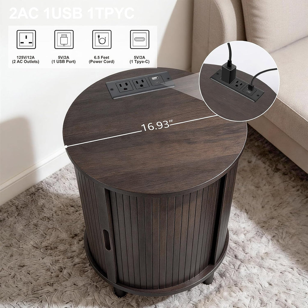 DHH End Table Set of 2 with Storage & Charging Station, Fluted Accent Side Table with Sliding Door & Adjustable Shelf, Mid-Century Nightstand for Small Spaces, Living Room, Bedroom(2, Dark Walnut)