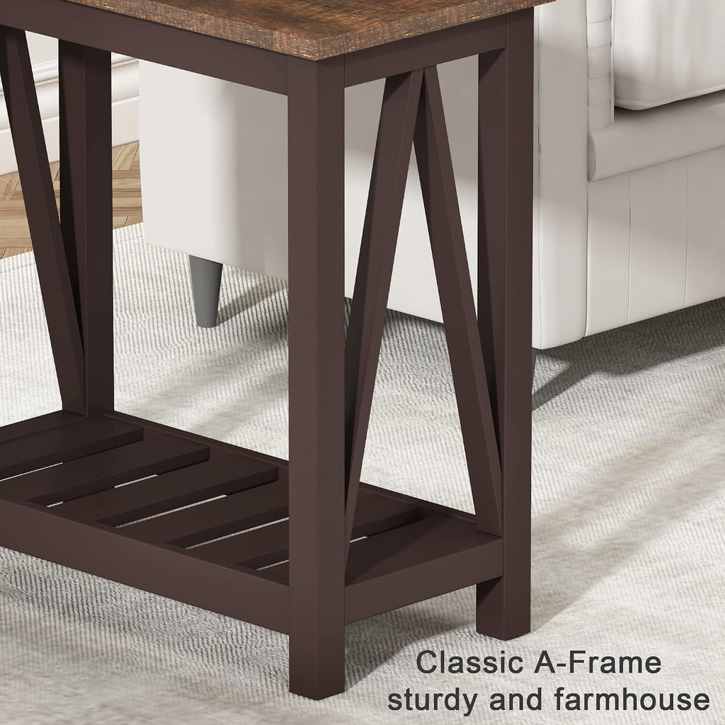 ChooChoo Farmhouse End Table, Rustic Vintage Narrow End Side Table with Storage Shelf for Small Spaces, Nightstand Sofa Table for Living Room, Bedroom Espresso 2 Pack