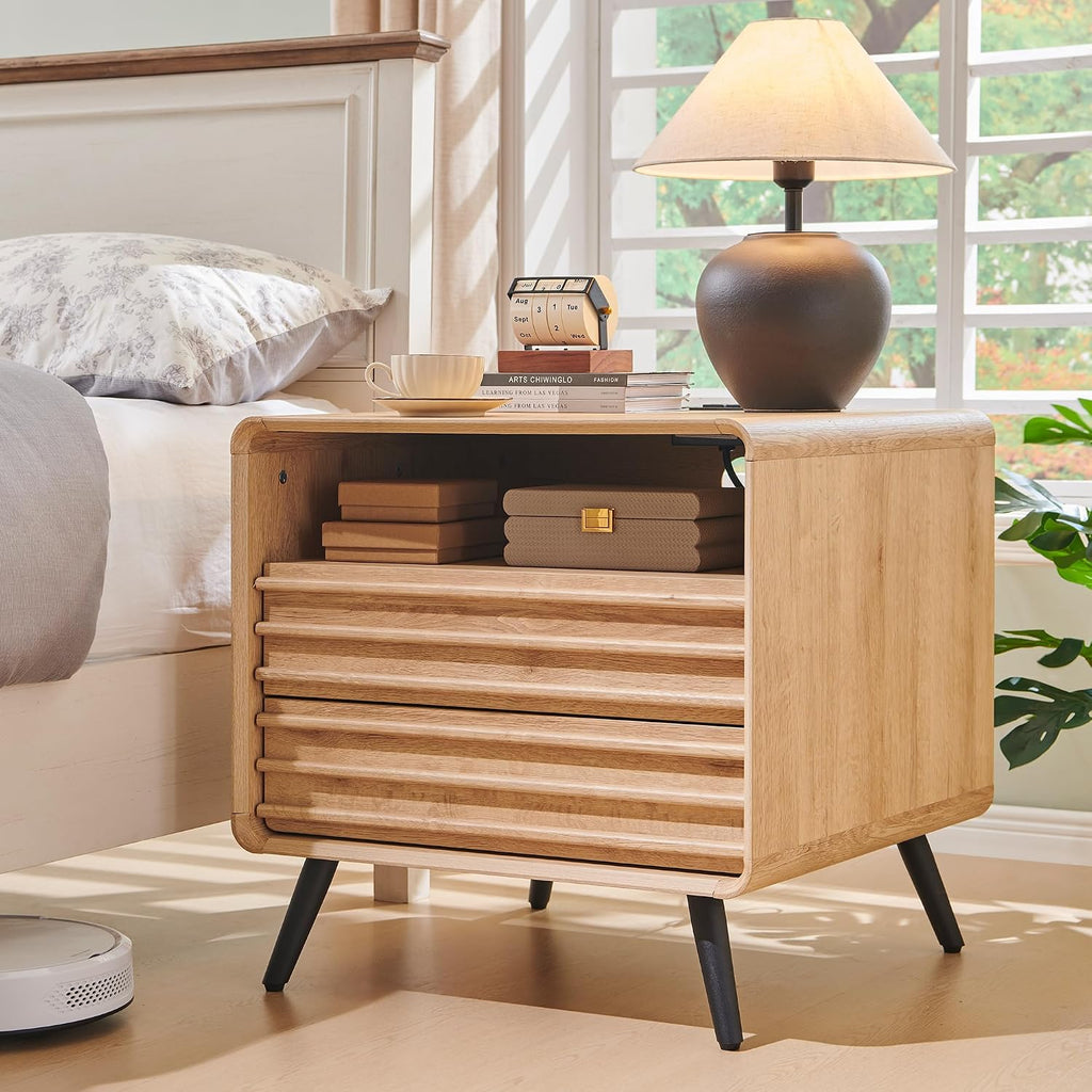 RedLemon 24' Nightstand with Charger Station, Mid Century Modern Fluted End Table with 2 Drawers, Wooden Side Table with Open Cubby Storage for Living Room, Bedroom, Office (Natural Oak)