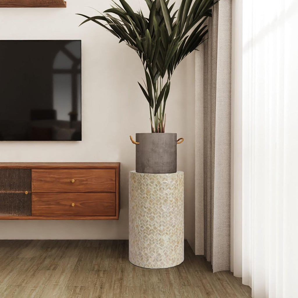 PEMAR Capiz Shell Cylinder Drum End Table Nacre Side Table Stool Round Drum Accent Coffee Bedside Nightstand and Vanity Stool, 13' Diameter x 19.3' High, White Cream