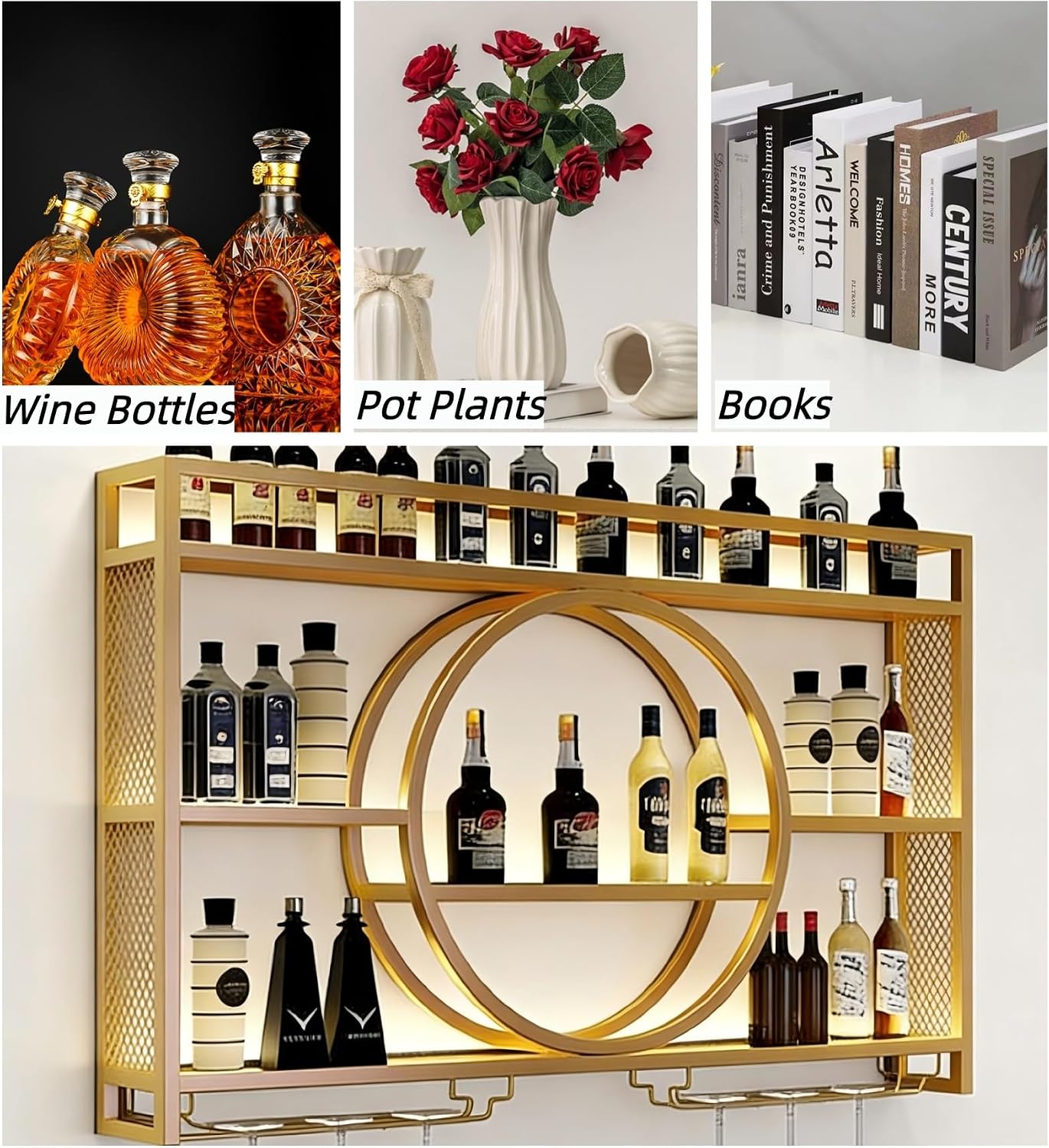 Wall Mounted Wine Rack with LED Light, 39.4' Bar Shelves and Glass Holder, Industrial Metal Bar Shelf Wall Mounted Wine Rack for Kitchen, Bar, Dining Room (Gold, 100cm/39.4in)