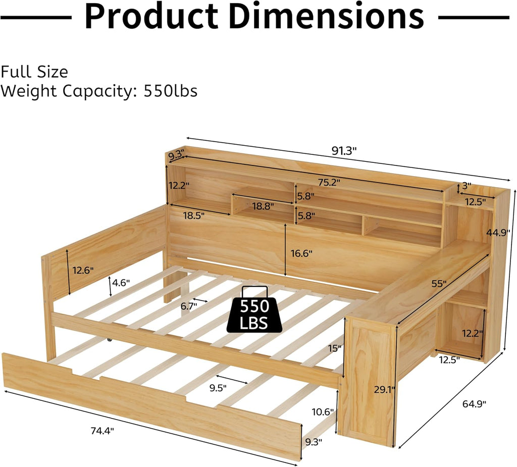 Harper & Bright Designs Full Size Wooden Daybed with Storage Shelves, Multi-Functional Corner Bed Frame with Twin Size Trundle Bed and Study Desk for Kids Teen, Natural