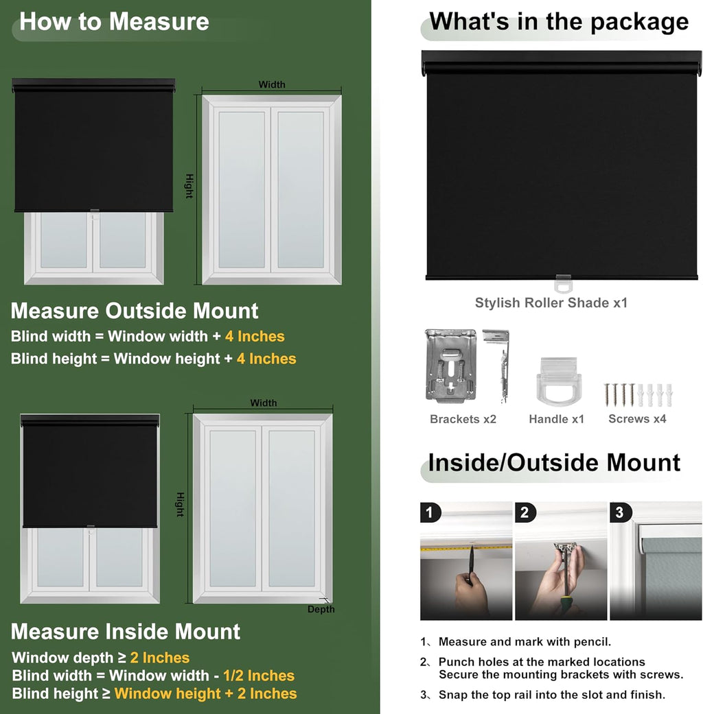 Blackout Roller Shades Cordless Color-Matched Roller Window Blinds Free-Stop Simple Style Thermal Insulated Roll Up Shades for Home Office Door, Black, 58' W x 44' H
