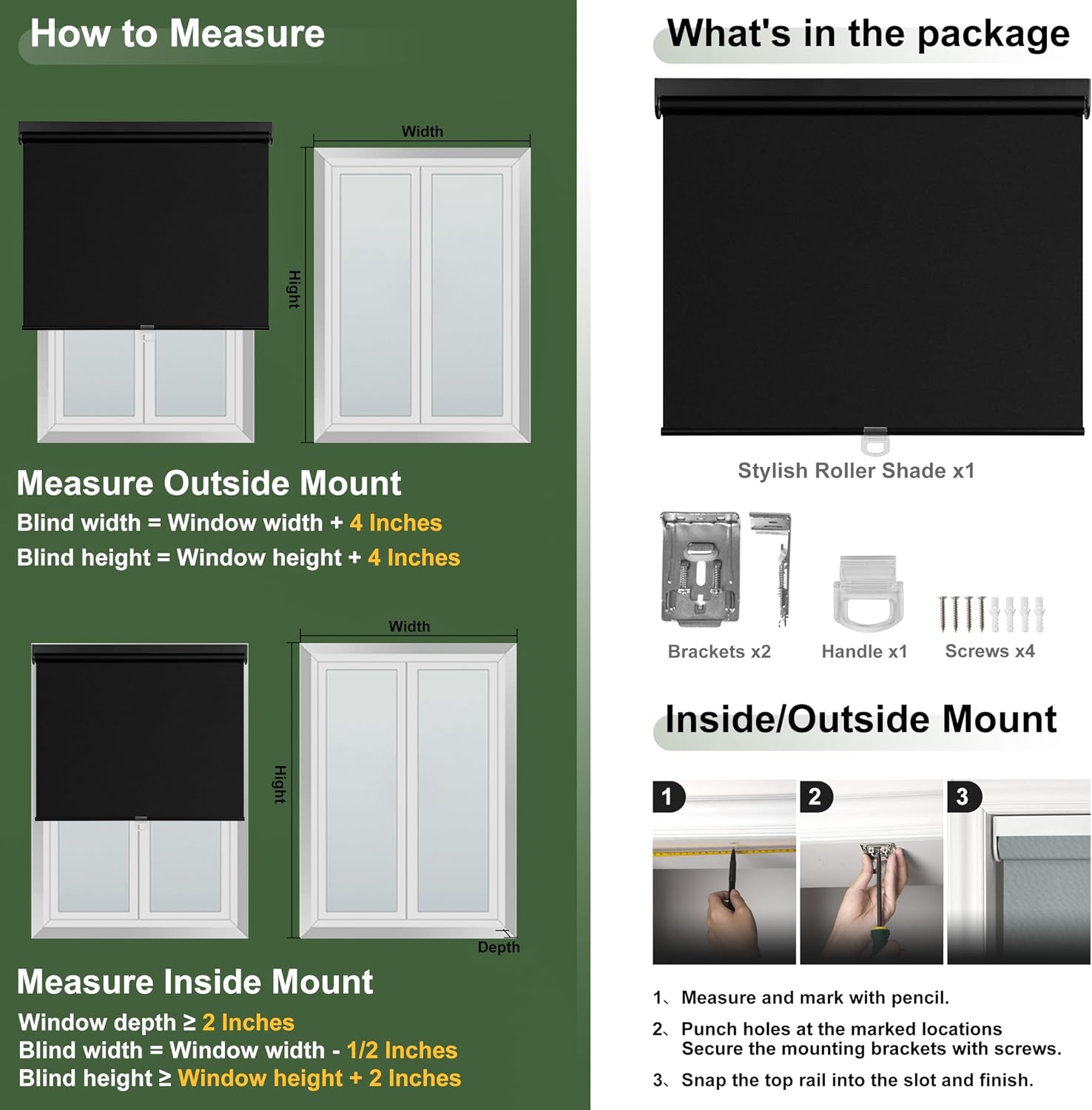 Blackout Roller Shades Cordless Color-Matched Roller Window Blinds Free-Stop Simple Style Thermal Insulated Roll Up Shades for Home Office Door, Black, 58' W x 44' H