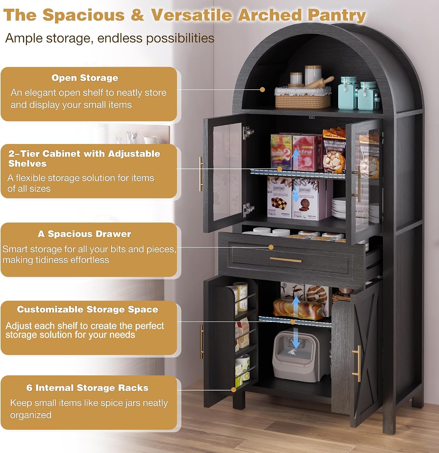 71' Farmhouse Arched Kitchen Pantry Cabinet with Glass Doors & Large Drawer, Wood Versatile Cupboard with Adjustable Shelves for Kitchen Dining Room Living Room Coffee Bar(Black)