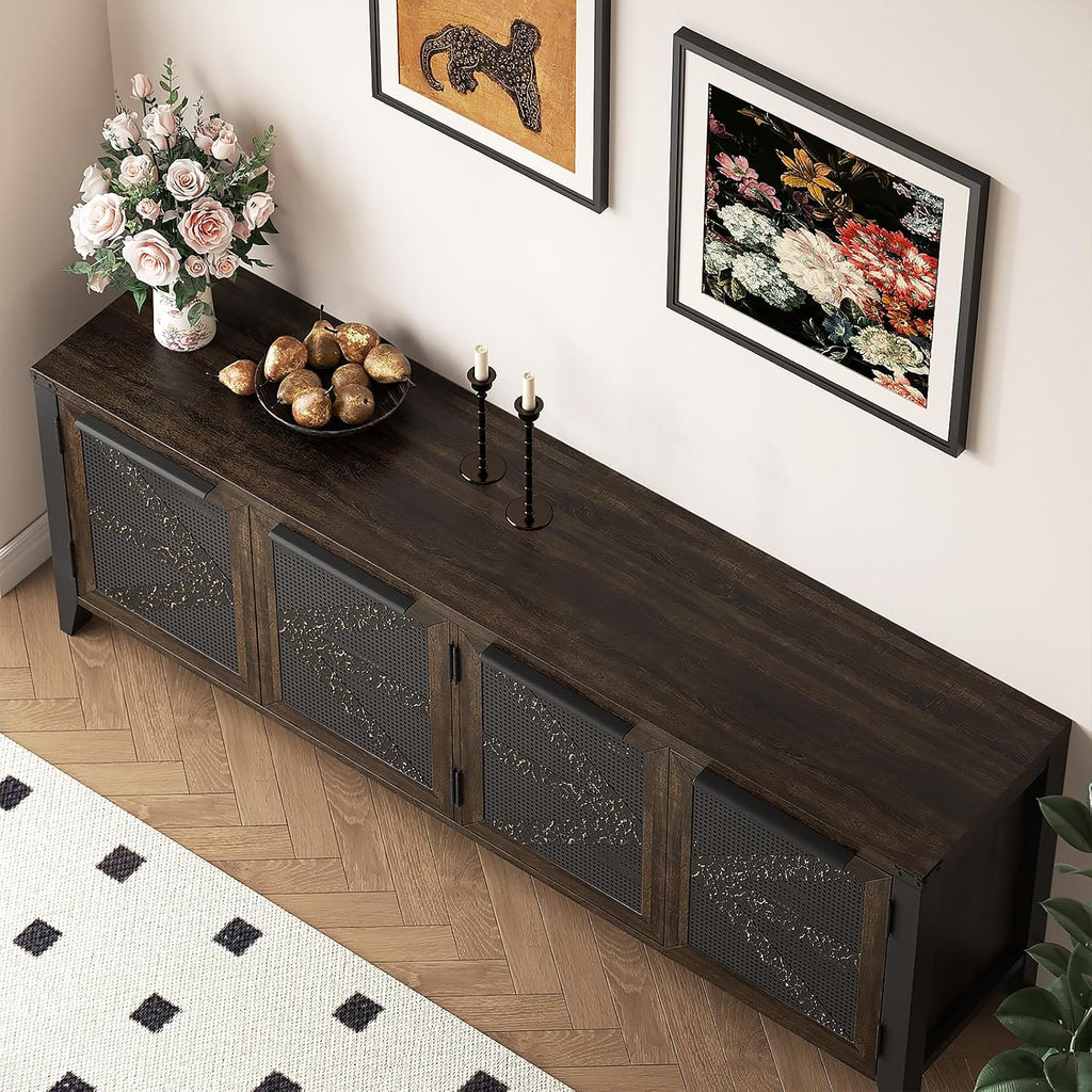 VFK 70 Inch Farmhouse TV Stand for 75 Inch TV, Rustic Entertainment Center with 4 Doors, Wood Media Console Cabinet with Storage, Living Room TV Cabinet
