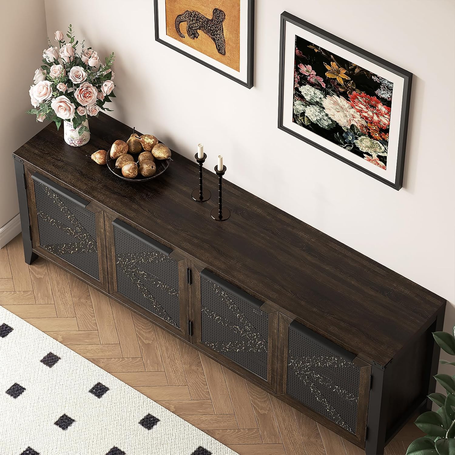 VFK 70 Inch Farmhouse TV Stand for 75 Inch TV, Rustic Entertainment Center with 4 Doors, Wood Media Console Cabinet with Storage, Living Room TV Cabinet