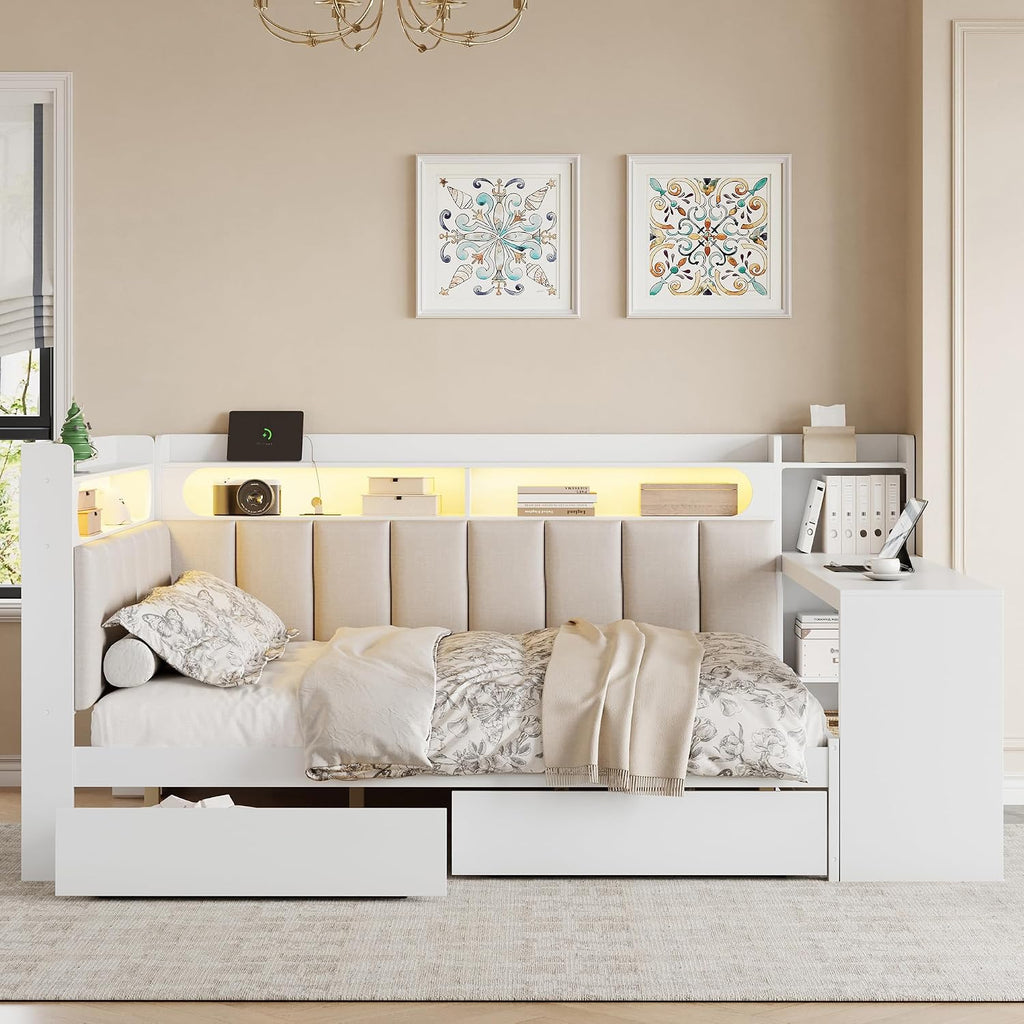 VilroCaz Full Size Daybed Sofa Bed with L-Shaped Upholstered Headboard and Desk, Wooden Corner Platform Bed Frame with 2 Drawers, Storage Shelves, Charging Station and Light Strip (White-8.26)