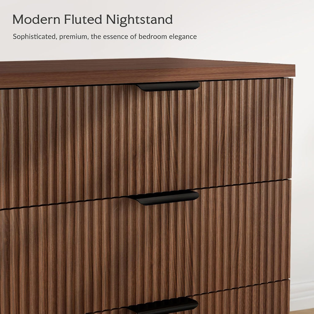 25.6'W Fluted Nightstand with 3 Drawer, Mid-century Modern Wood Night Stands Bedside Table for Bedroom King/Queen Bed, End Table with Robot-friendly Legs for Living Room,Entry (3 Drawers-1pcs-Walnut)