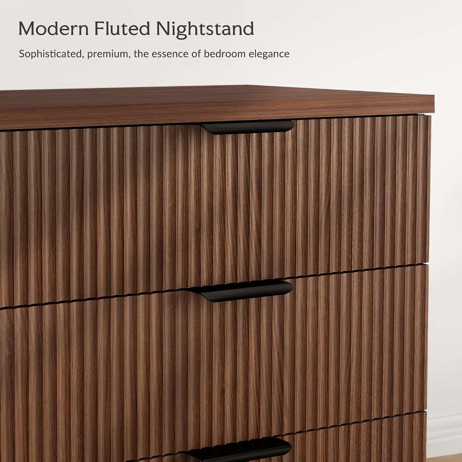 25.6'W Fluted Nightstand with 3 Drawer, Mid-century Modern Wood Night Stands Bedside Table for Bedroom King/Queen Bed, End Table with Robot-friendly Legs for Living Room,Entry (3 Drawers-1pcs-Walnut)