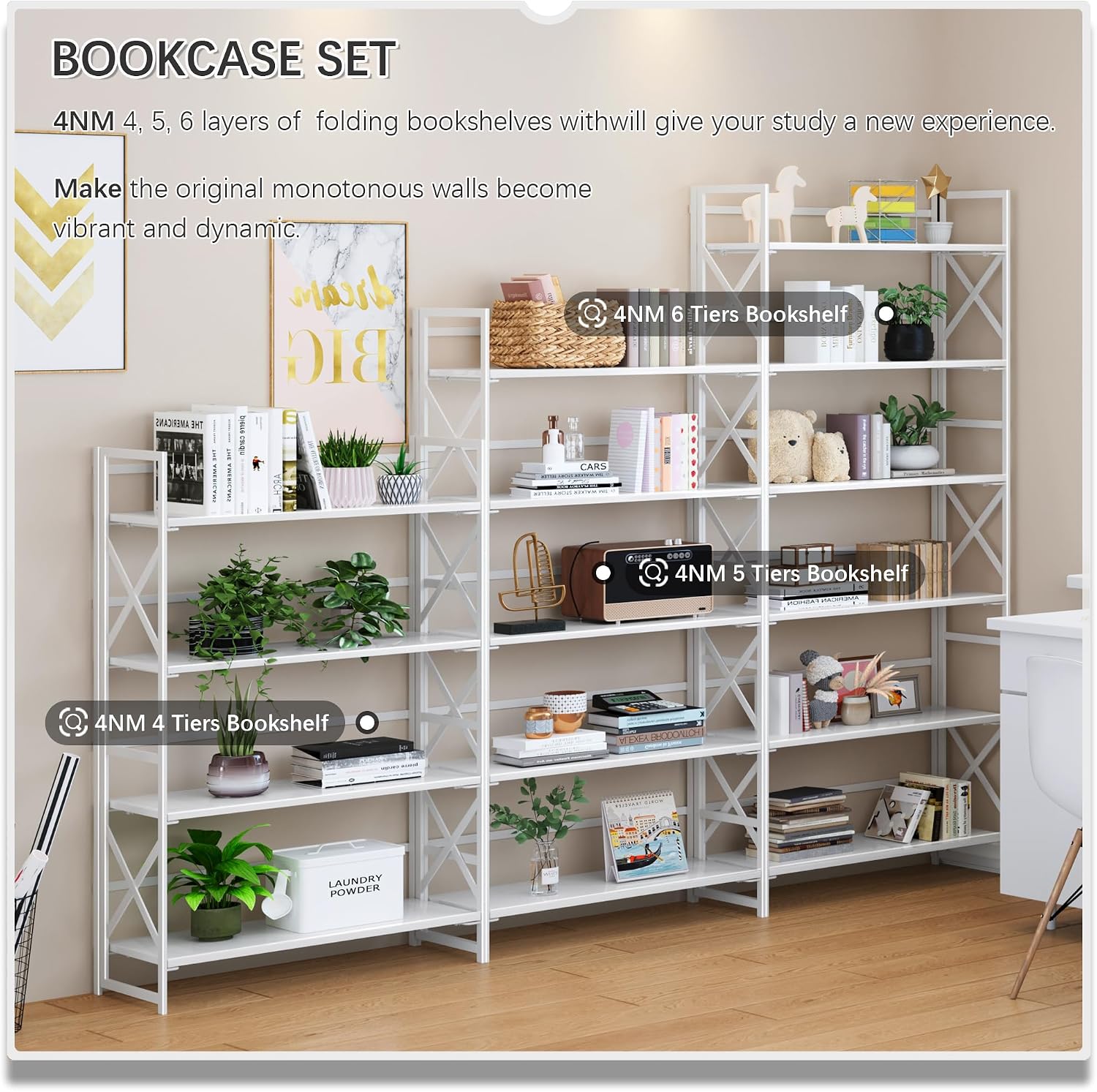 4NM Extra Wide 6 Tiers No Assembly Book Shelves, 61.8' H Folding Bookshelf Bookcase Open Industrial Foldable Shelves for Bedroom, Living Room, Home Office - All White