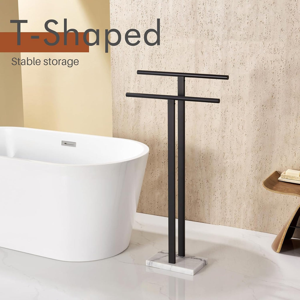 KOKOSIRI 24 Inch Bath Towel Bar Bathroom Towel Rack Free Standing Towel Racks for 2-Tier Towel Holder with Heavy Marble Base Matte Black B5009BK-L24+THS0005-BK