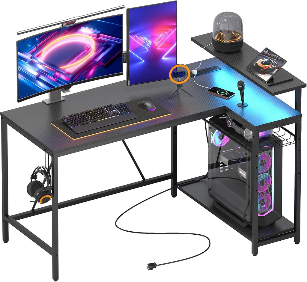 Bestier 52' Gaming Desk with Integrated Power Outlet & USB Ports, L-Shaped Computer Desk with LED Strip & Headphone Hooks, Perfect for Home Office Pink,Carbon Fiber Black