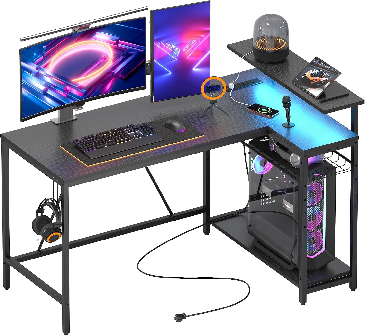 Bestier 52' Gaming Desk with Integrated Power Outlet & USB Ports, L-Shaped Computer Desk with LED Strip & Headphone Hooks, Perfect for Home Office Pink,Carbon Fiber Black