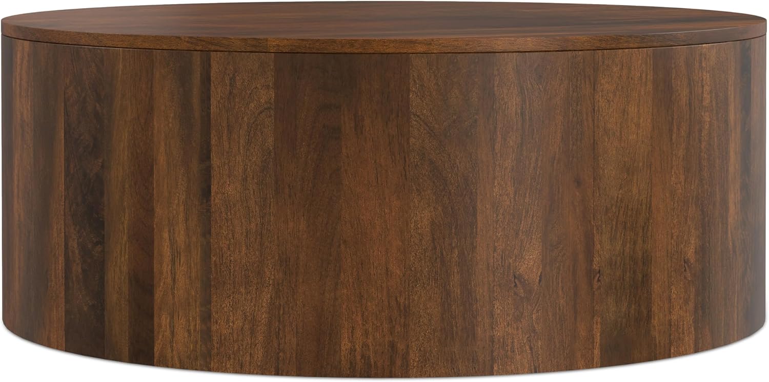 SIMPLIHOME Millbury Drum Coffee Table - 36 inch Wide Solid Mango Wood Round Living Room Table in Walnut Brown, Contemporary Cocktail Table for Family Room or Lounge with Large Surface, Assembled
