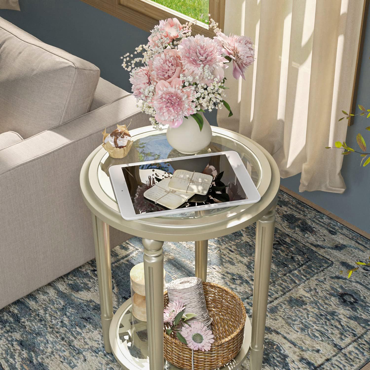 SUNBURY Set of 2 Modern End Tables with Tempered Glass Tops & Glass Lower Shelves, MDF Nightstands for Living Room, Bedroom, Dining Room (Champagne)