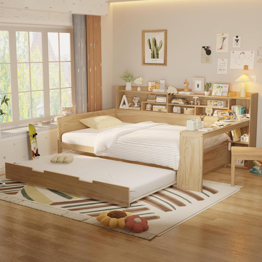 Harper & Bright Designs Full Size Wooden Daybed with Storage Shelves, Multi-Functional Corner Bed Frame with Twin Size Trundle Bed and Study Desk for Kids Teen, Natural