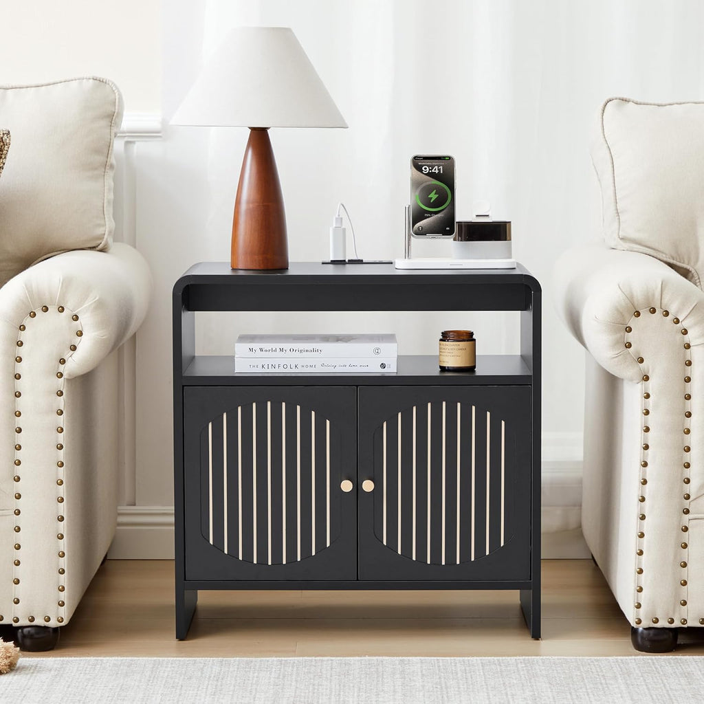 23.6' Modern Black Nightstand Set of 2 with Chariging Station 2AC+USB+Type-C, Classic Striped Side Table with Door+Storage Shelf, Rectangle End Table for Living Room, Bedroom (2, Black)
