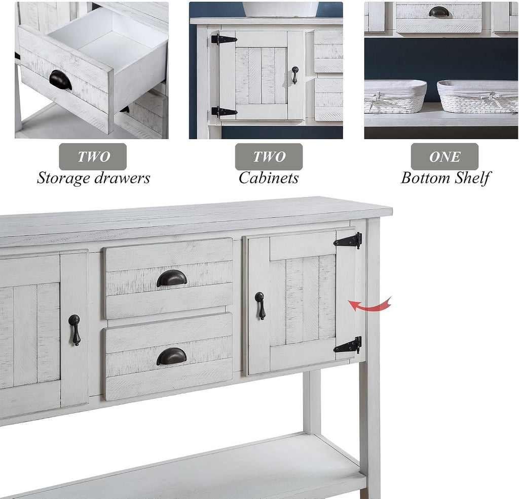 48' Console Table with 2 Drawers and Cabinets,Retro Style Storage Sideboard W/Bottom Shelf,for Entryway,Hallway,Living Room,Easy Assembly,Antique White