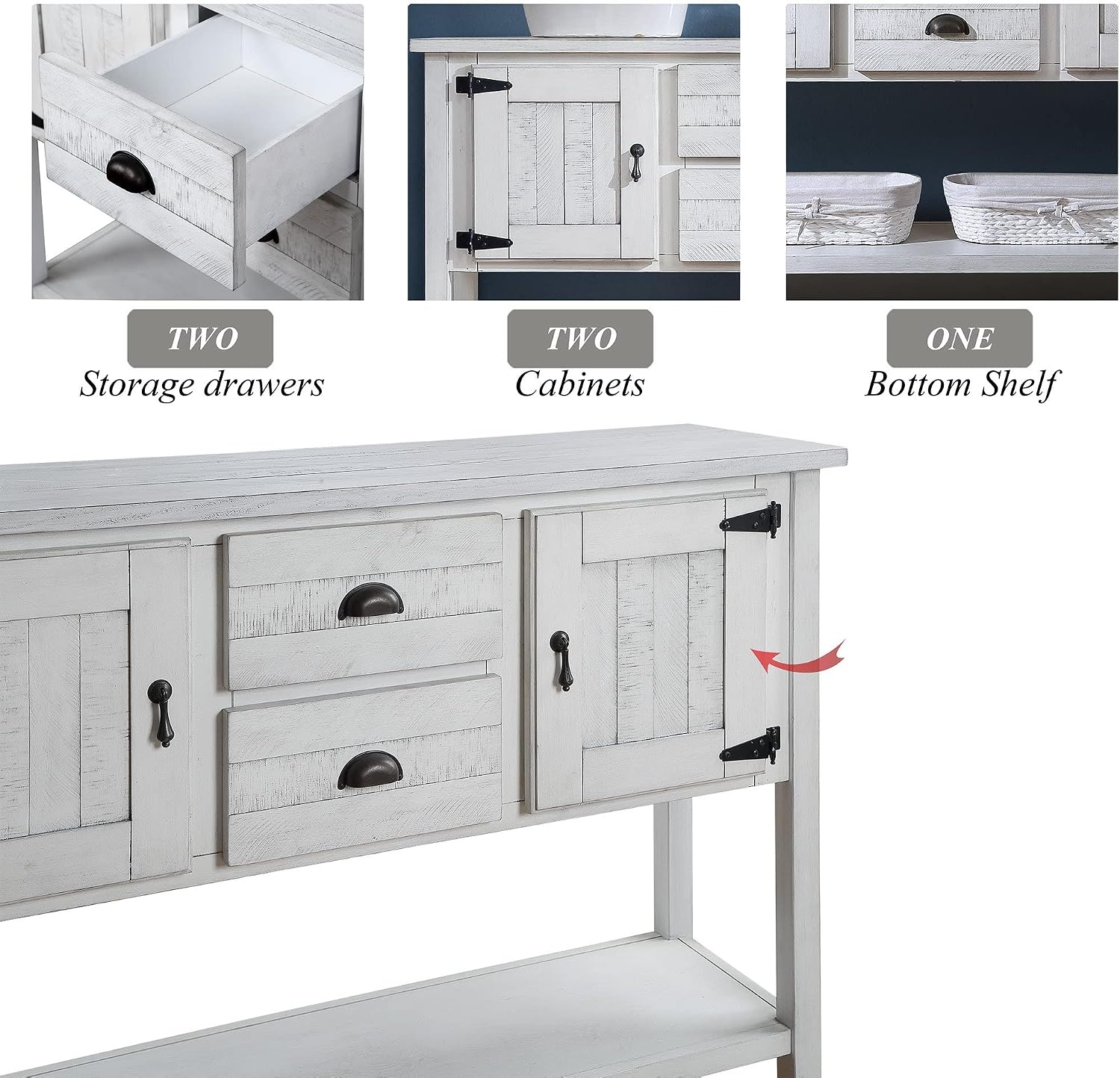 48' Console Table with 2 Drawers and Cabinets,Retro Style Storage Sideboard W/Bottom Shelf,for Entryway,Hallway,Living Room,Easy Assembly,Antique White