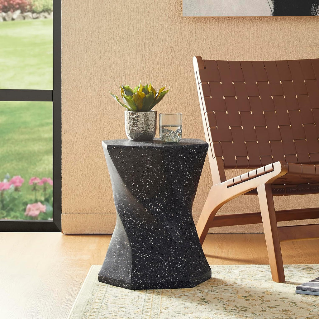 Glitzhome Outdoor Side Table Set of 2, 17.75' H Decorative Garden Stool MGO Twist Faux Terrazzo End Table, Round Planter Stand for Indoor Outdoor Living Room Bedroom Patio Deck Poolside, Black