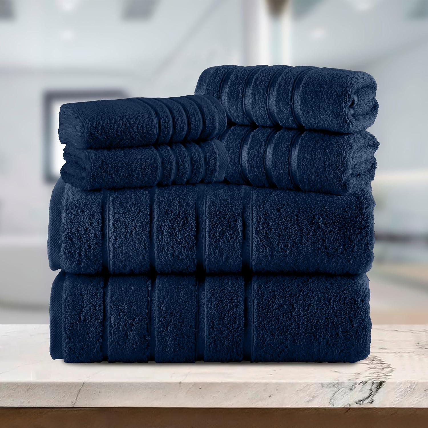 Elegant Comfort 4 Lines Viscose Stripe 6-Piece Towel Set 100% Turkish Cotton High Absorbent Luxury Bathroom Towels Includes 2 Washcloths, 2 Hand and 2 Bath Towels Set, Navy Blue (Pack of 4)